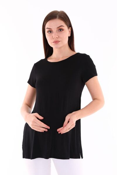 MEGHAN L.A Μαύρο μπλουζάκι εγκυμοσύνης από μαλακό ελαστικό ύφασμα με σκισίματ...