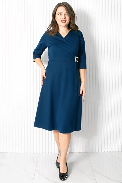 DENİMİNİ Beli Broş Detaylı Rahat Kalıp Büyük Beden Abiye Elbise DNM912