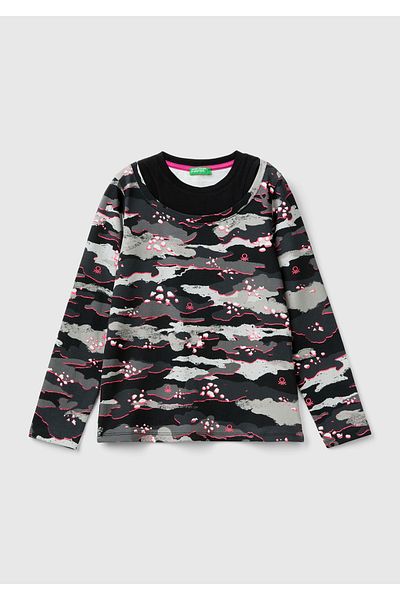 United Colors of Benetton Тениска с камуфлажен мотив - за момиче, с презрамки, дълъг ръкав