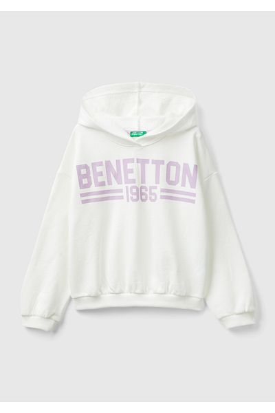 United Colors of Benetton White Logo Printed Water Based Girl's Sweatshirt - Hooded
