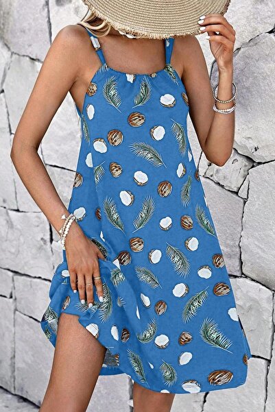 CrazyShopping Ψηφιακό γυναικείο μίνι φόρεμα με σχέδιο καρύδας - μπλε