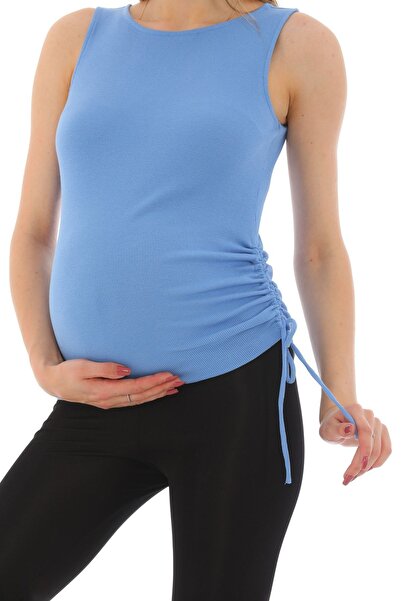 MEGHAN L.A Μπλουζάκι με χοντρό λουράκι από μπλε βαμβακερό ύφασμα εγκυμοσύνης