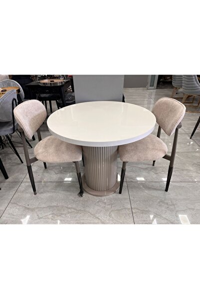 voguetasarım BOHEM MASA TAKIMI BEYAZ AYAK MARMO MDF 80 CM SABİT