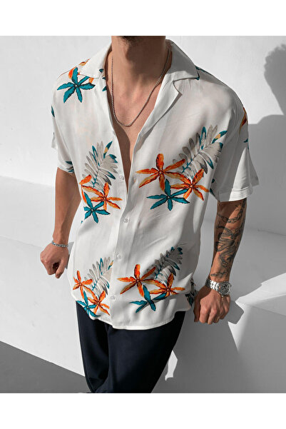 NO1 KONSEPT Leaf Patterned White Short Sleeve Shirt
