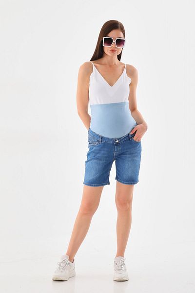 MEGHAN L.A Pantaloni scurți din denim cu bandă elastică pentru burtă albastră