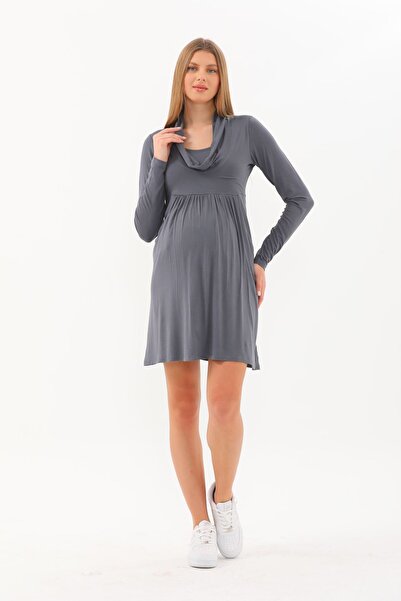 MEGHAN L.A Gri Hamile & Lohusa Degaje Yaka Elbise