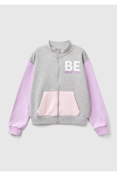 United Colors of Benetton Gray Melange Girl's Sweatshirt - Glitter Logo, Zippered Pocket, High Collar