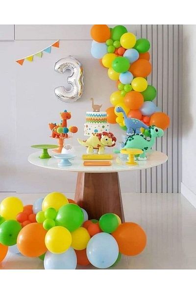 MERİ PARTİ 3 Years Old Dinozor Concept Ballon Chain 3 Years Old Phoilion Ballon Green Orange Yellow Blue Ballon