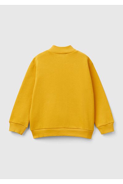 United Colors of Benetton Erkek Çocuk Hardal Sarı Logo Baskılı Cepli Fermuarlı Kapüşonlu Dik Yaka Sweatshirt