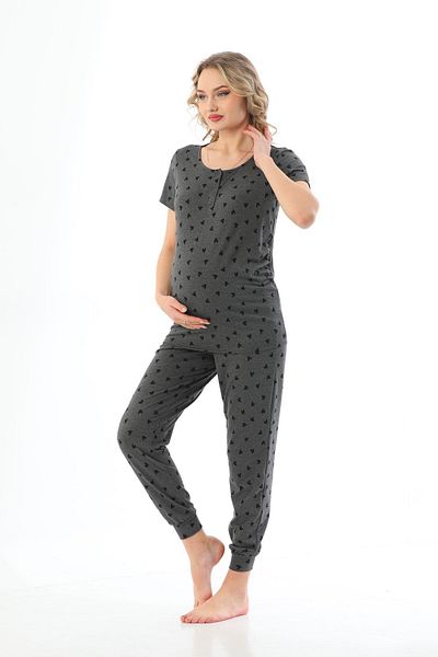 MEGHAN L.A Gray Maternity Heart Patterned Stretchy Fabric Pajamas Set