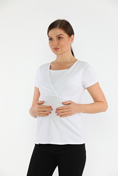 MEGHAN L.A White Maternity Breastfeeding Featured Cotton Stretch Fabric Blouse