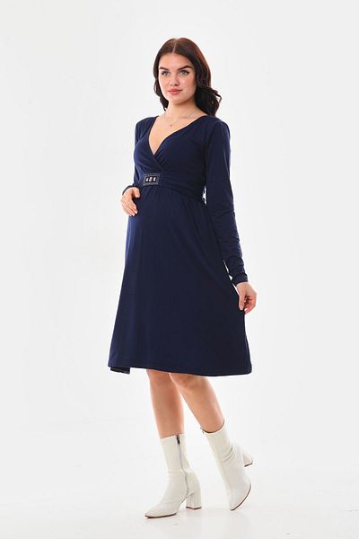 MEGHAN L.A Rochie de maternitate și maternitate albastru bleumarin cu mânecă lungă cu cataramă în față