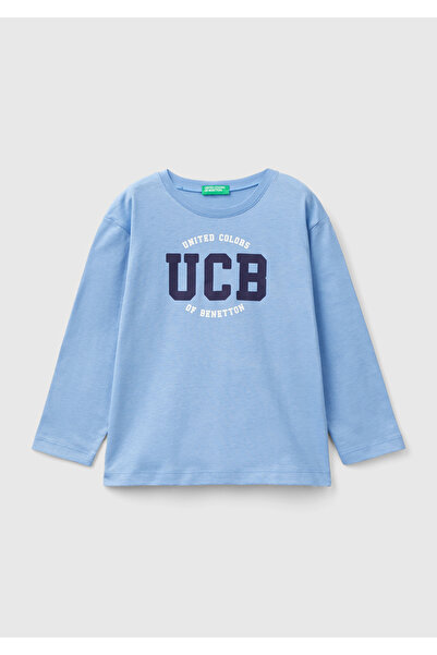 United Colors of Benetton Тениска с дълги ръкави с кръгло деколте и щампа с м...