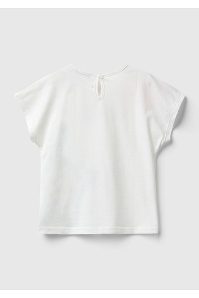 United Colors of Benetton Girl's White Short-Sleeved T-Shirt with Glittery Water Print on the Front and Drop Detail on the Back