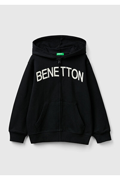 United Colors of Benetton Hanorac negru pentru băieți - logo brodat, fermoar ...