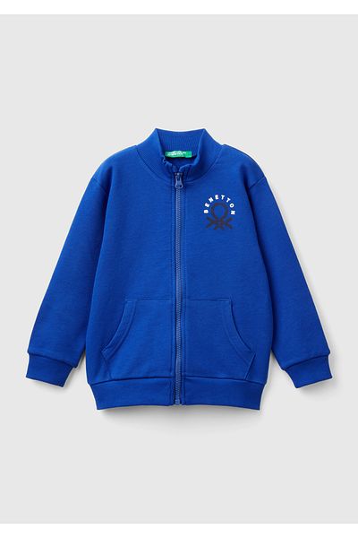 United Colors of Benetton Erkek Çocuk Saks Mavi Logo Baskılı Cepli Fermuarlı Kapüşonlu Dik Yaka Sweatshirt