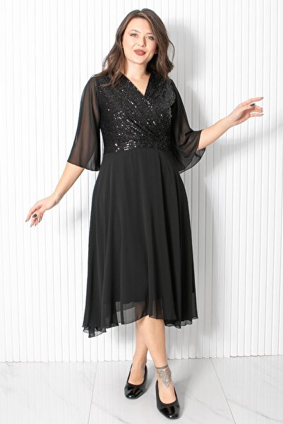 DENİMİNİ Pul Payet Detaylı Büyük Beden Abiye Elbise Siyah DNM910