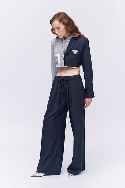 Quzu Navy Blue Thin Striped Wide Leg Trousers