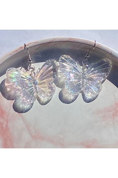 Pinky Lady Transparent Hologram Butterfly Earrings