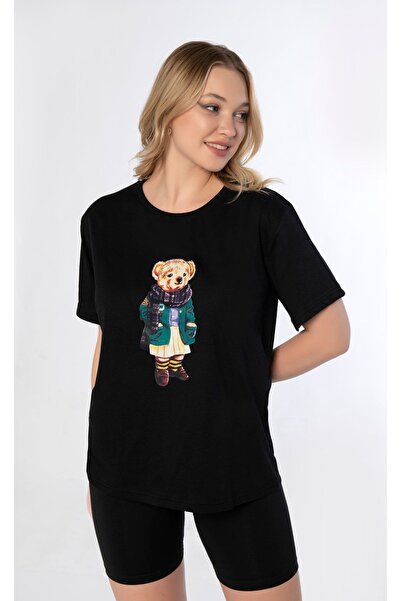 MyBen Tricou supradimensionat cu imprimeu cu ursuleț de pluș negru Ky02