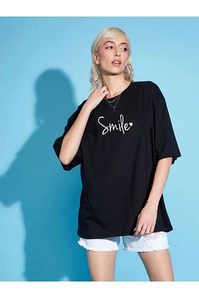 Modern Moda Black Crew Neck Oversize T-shirt Smile Printed