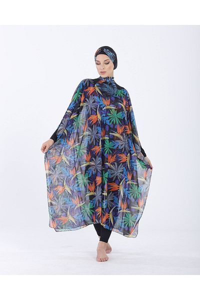 vawensea Women's Hijab Swimsuit with V-Neck Kaftan Pareo Tropical Pattern