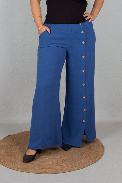 Truva XXL Blue aerobin Fabric - Large Size Trousers with WiDe Legs anD Front Buttons