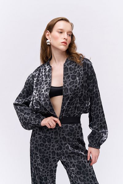 Quzu Black Leopard Pattern Zippered Jacket