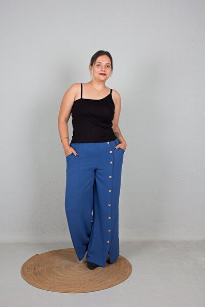 Truva XXL Țesătură Aerobin albastră - Pantaloni de mărime mare cu picioare largi și nasturi în față