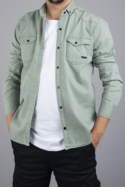 bombe Slim Fit pánská bavlněná džínová košile Aqua Green