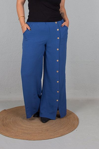 Truva XXL Blue aerobin Fabric - Large Size Trousers with WiDe Legs anD Front Buttons