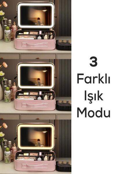 MUJGAN Çok Amaçlı Led Aynalı Bölmeli Seyahat Makyaj Çantası Pembe