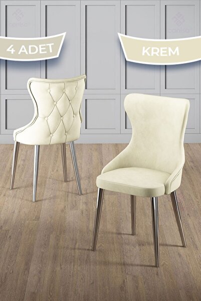 Canisa Alpa Serisi 4 Adet Krem Mutfak Sandalyesi Krom Kaplama Metal Ayak 1. S...