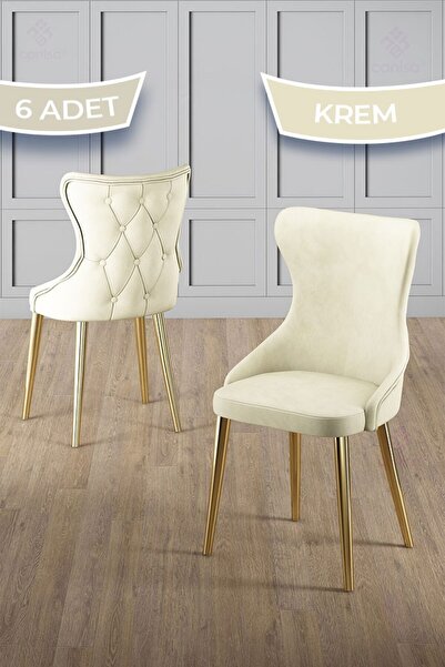 Canisa Alpa Serisi 6 Adet Krem Mutfak Sandalyesi Gold Kaplama Metal Ayak 1. S...
