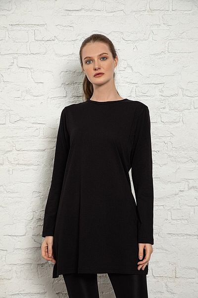 MyBen Women's Black Colored Long Sleeve Cotton Crew Neck Combed Cotton Tunic-underwear Slm38