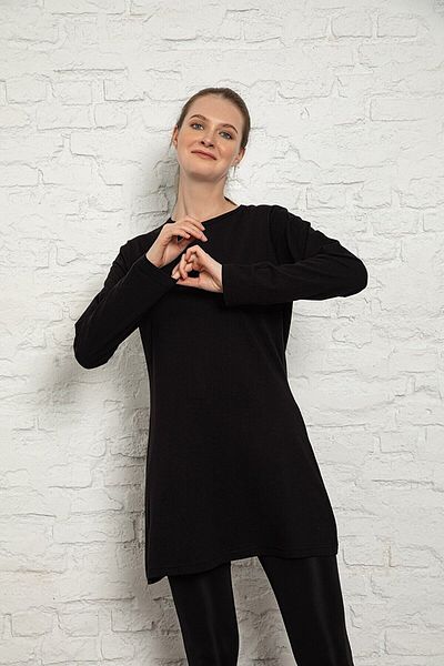 MyBen Women's Black Colored Long Sleeve Cotton Crew Neck Combed Cotton Tunic-underwear Slm38