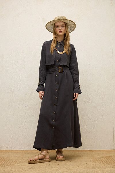 Manuka Φόρεμα από λινό ανθρακί σε στυλ Trench