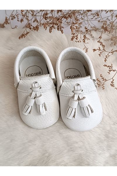 Hodore Unisex Axel Plain White Genuine Leather Baby Loafers