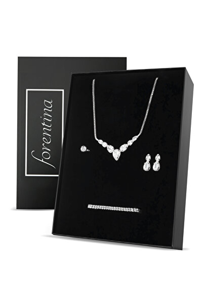 Forentina Gümüş Kaplama Taşlı Kolye Küpe Bileklik Yüzük Düğün Seti PS3712