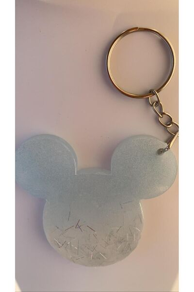 MISS GOLDEN Mickey Mouse Ice Blue Gray Sequin Keychain with Silver Accessories Handmade Epoxy Gift