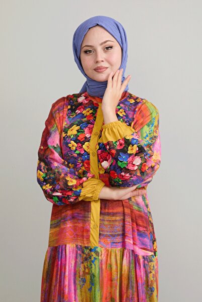 InStyle Soyut Çiçekli Hardal Viskon Elbise