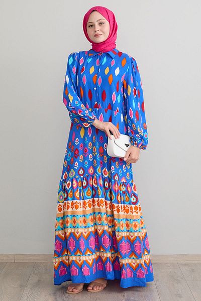 InStyle Φαρδύ Indigo Viscose Φόρεμα - Πουκάμισο γιακά