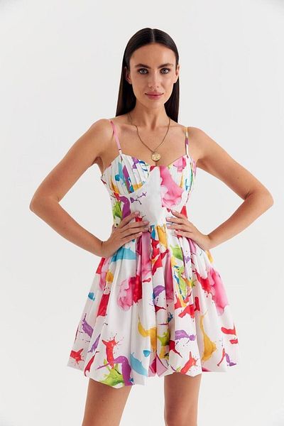 Julidress Premium Colorful Patterned Strapless Mini Cotton Summer Dress - With Balloon Skirt