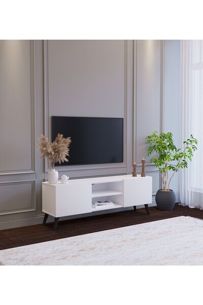 subahome Beyaz Modern 120 Cm 2 Kapaklı Raflı Tv Ünitesi Modüler Tv Sehpası Mdf