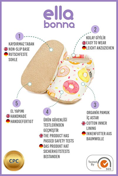 Ella Bonna Donat Patterned Baby Booties - Non-Slip Sole, Home Boot Slippers, Nursery Slippers