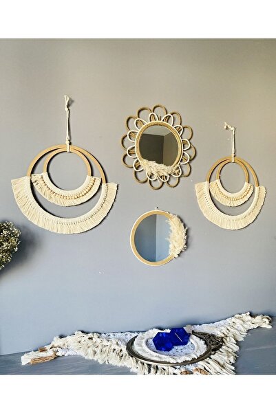 kattuna Makrome Ve Hasır Örgü Papatya Ayna Duvar Dekorasyon Ürünü 4’lü Set