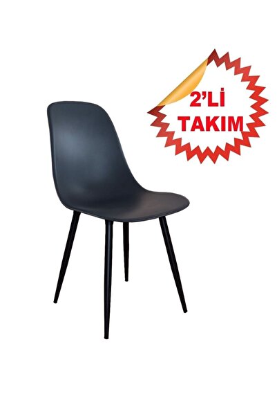 Estelia Abant Sandalye Antrasit Gri Ahşap Siyah Ayaklı 2li Takım