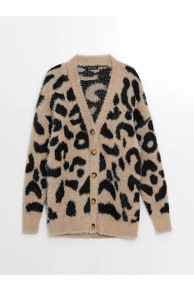 LC Waikiki LCW Modest - V-neck Leopard Print Women's Knitwear Cardigan, Long Sleeve