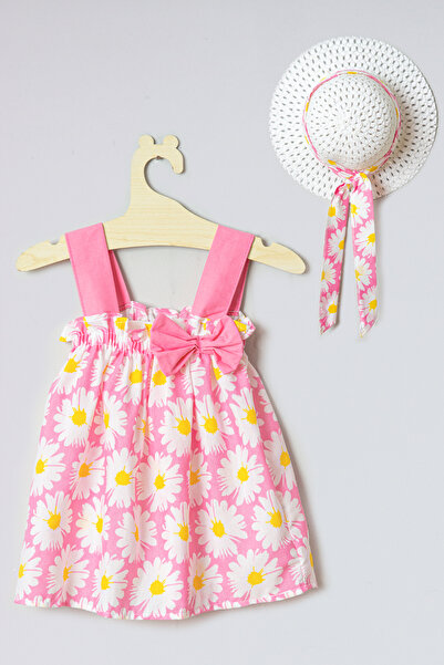 ADABEBEK Yeni Sezon Kurdelalı Fiyonklu Pembe Papatya Elbise