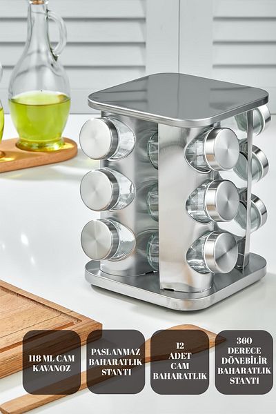vipgross GLASS SPICE SET WITH 360° ROTATING COUNTER TOP STAINLESS STAND - 12-PIECE SPICE BOX - 12-PIECE CHROME SQUARE